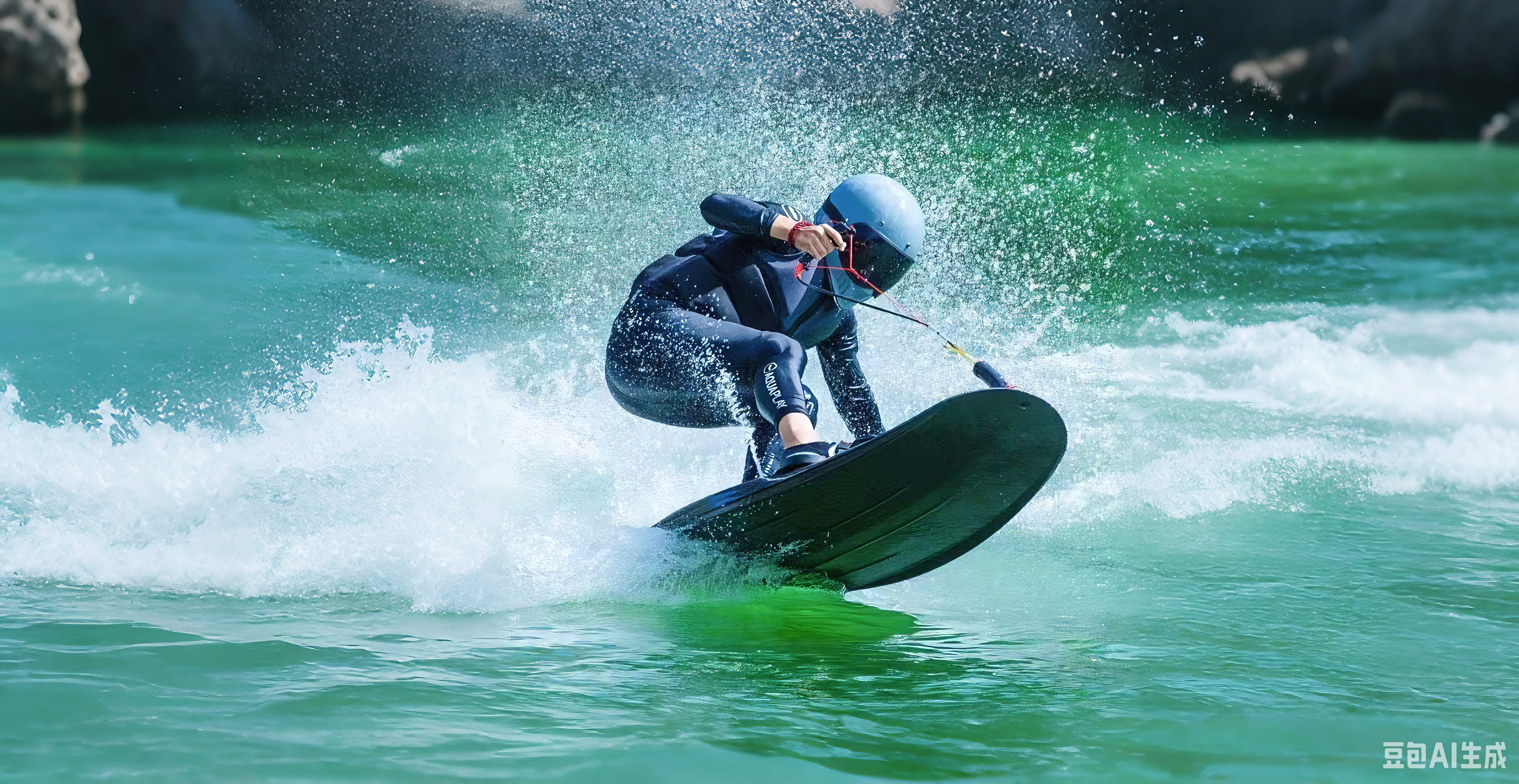 Surfer riding waves on surfboard with helmet and wetsuit - extreme water sports