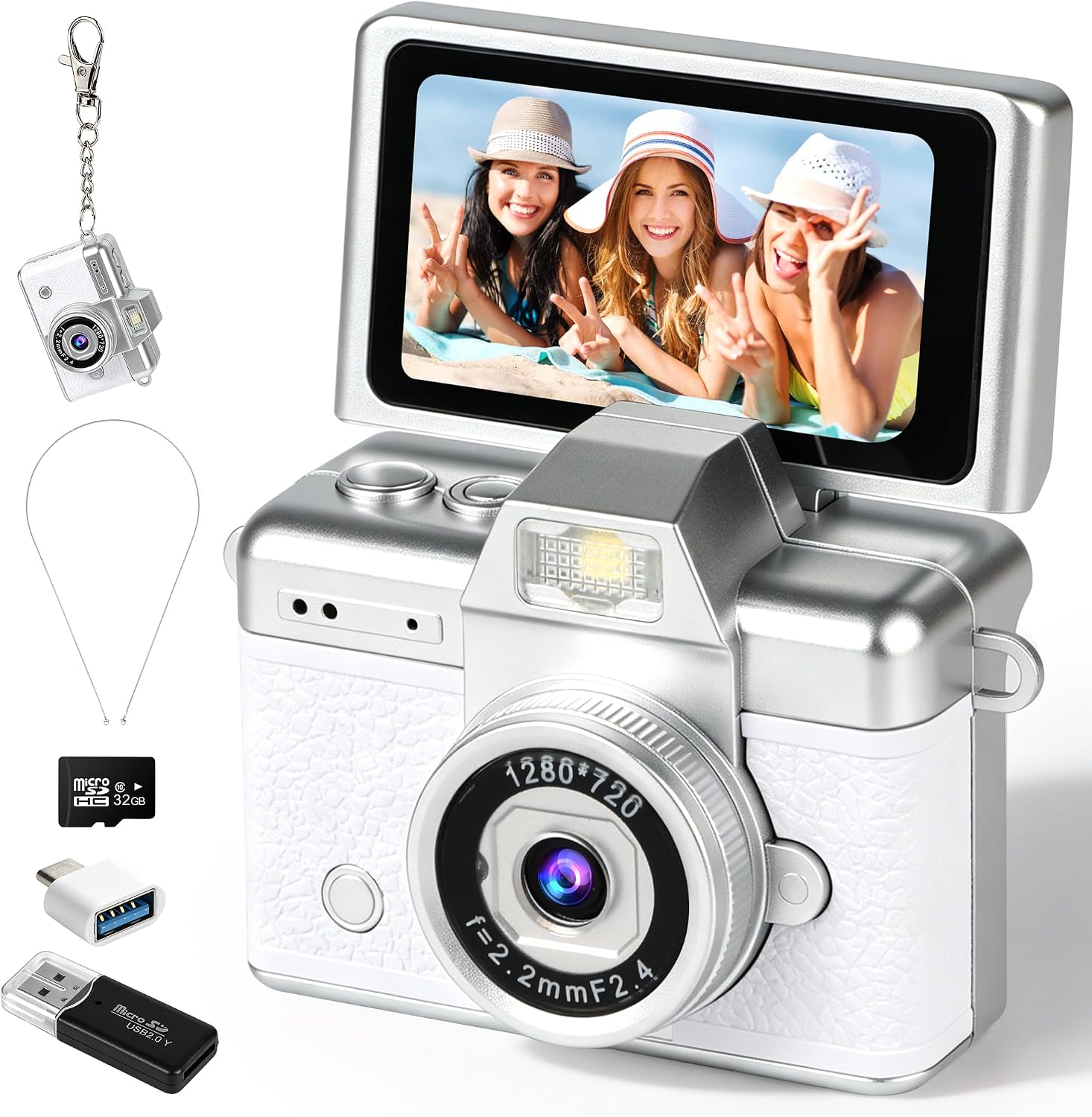 YONTYEQ White mini keychain digital camera main product image