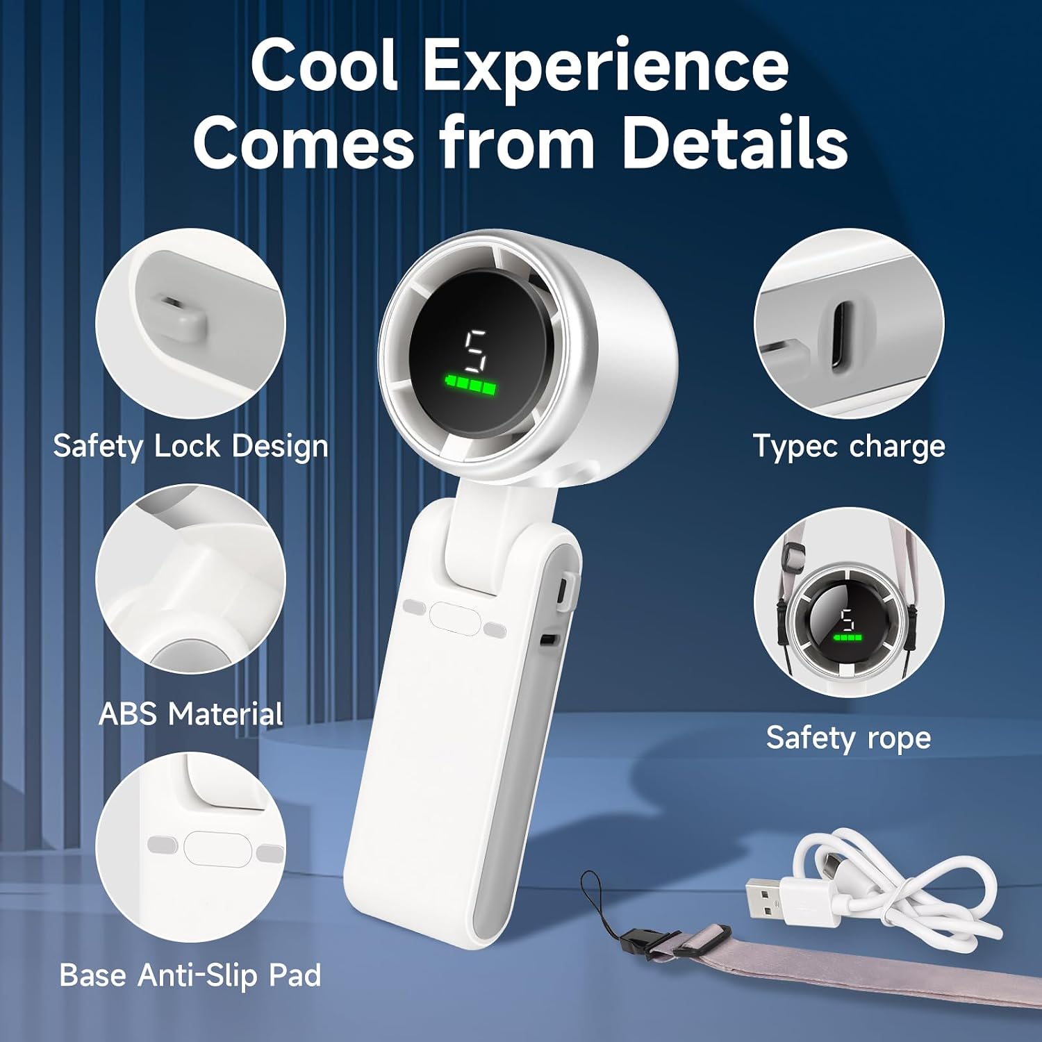 YONTYEQ portable handheld fan details and USB Type-C charging