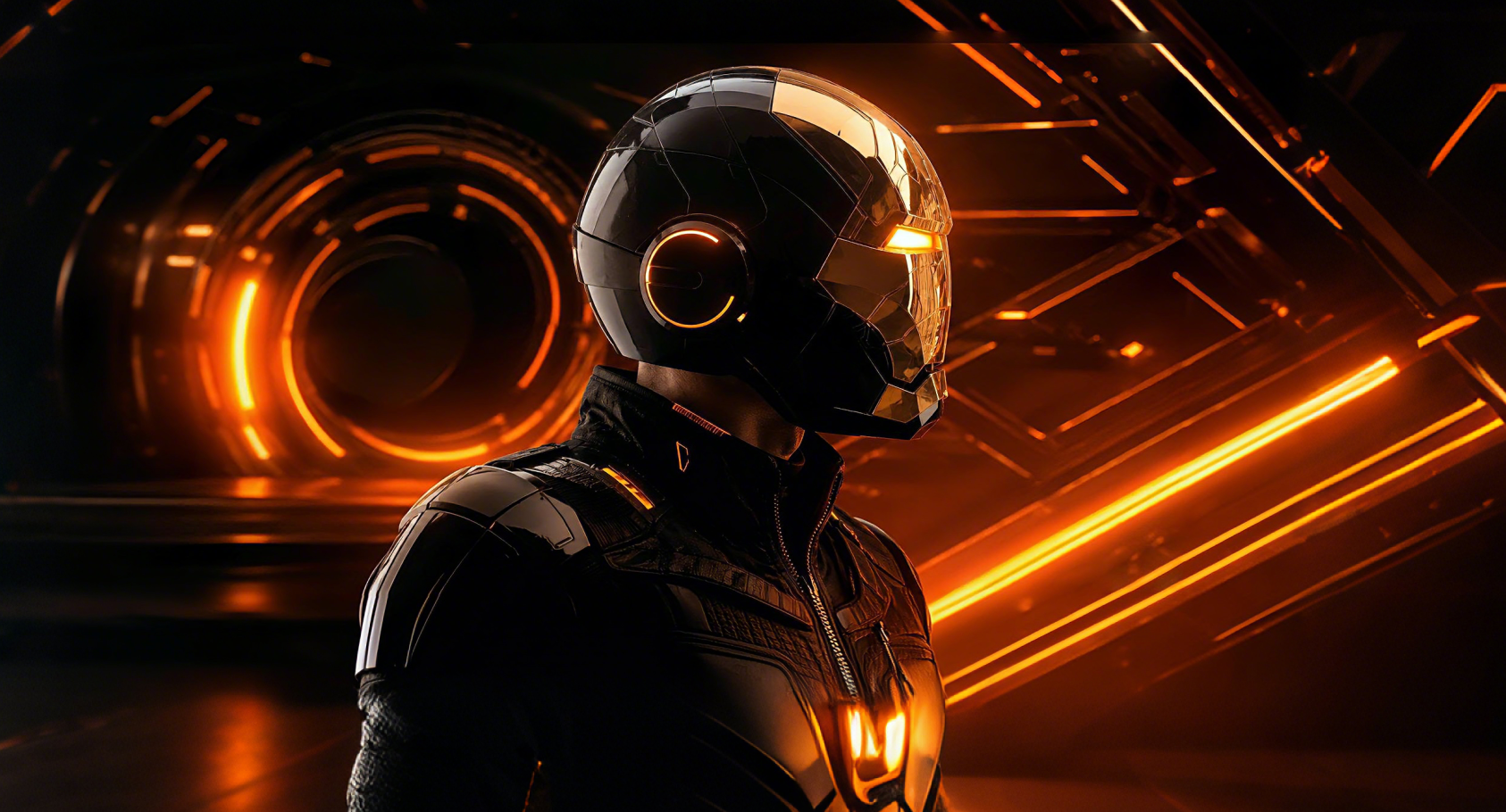 Black futuristic role play helmet with gold accents - sci-fi cosplay gear