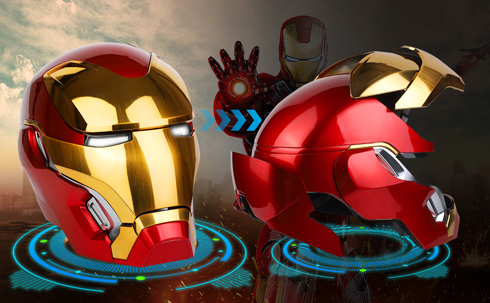 Iron Man gold and red helmet cosplay collectible display - superhero role play gear
