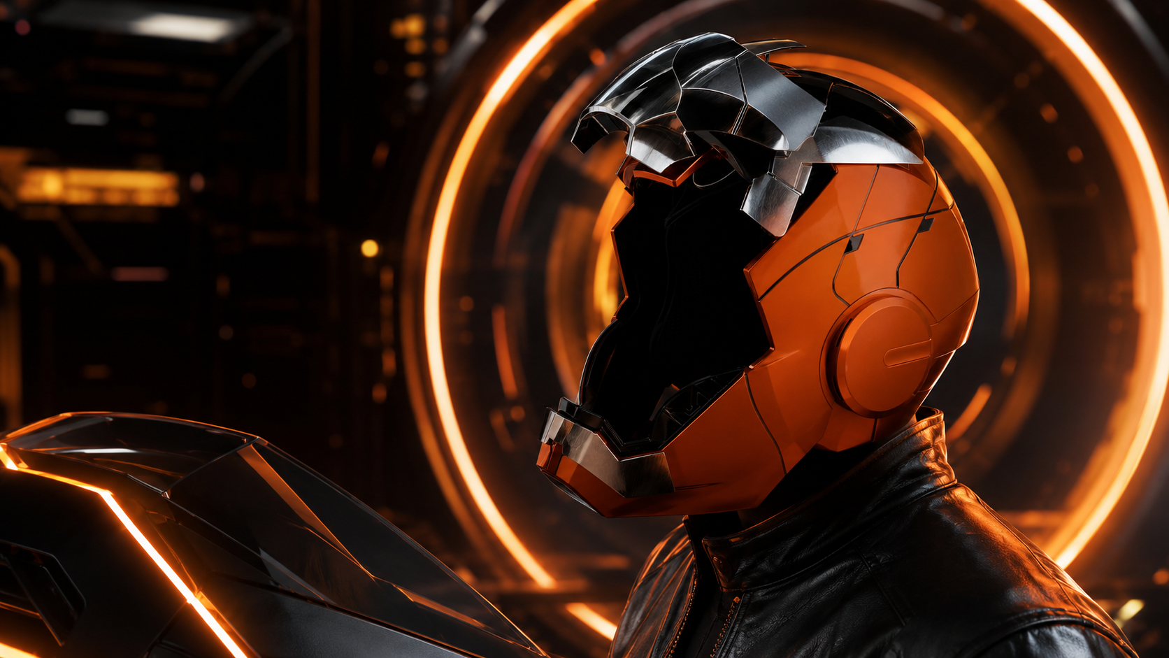 Orange and black futuristic sci-fi helmet cosplay role play gear with glowing background