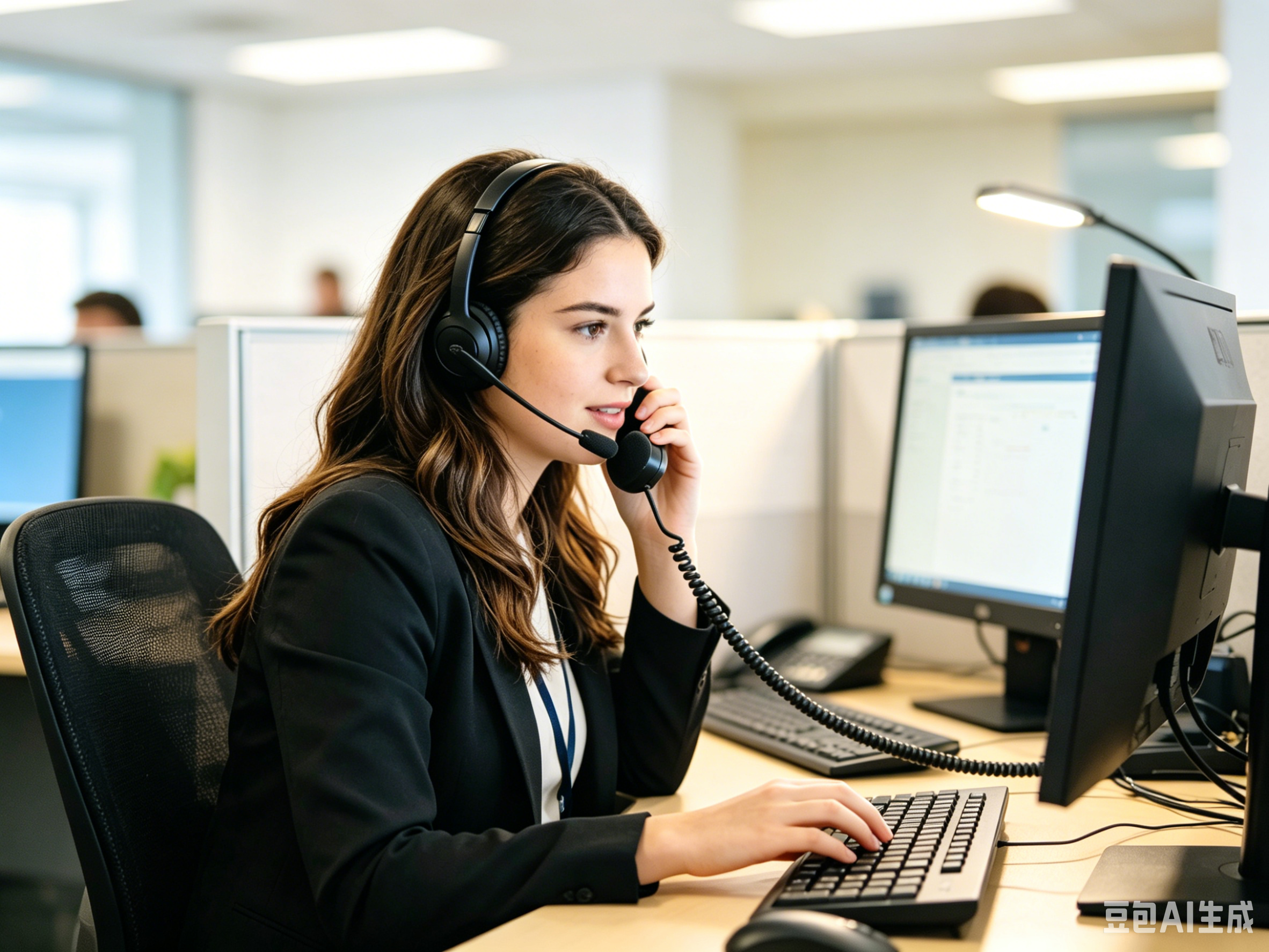 Female customer service representative wearing headset working at computer in office